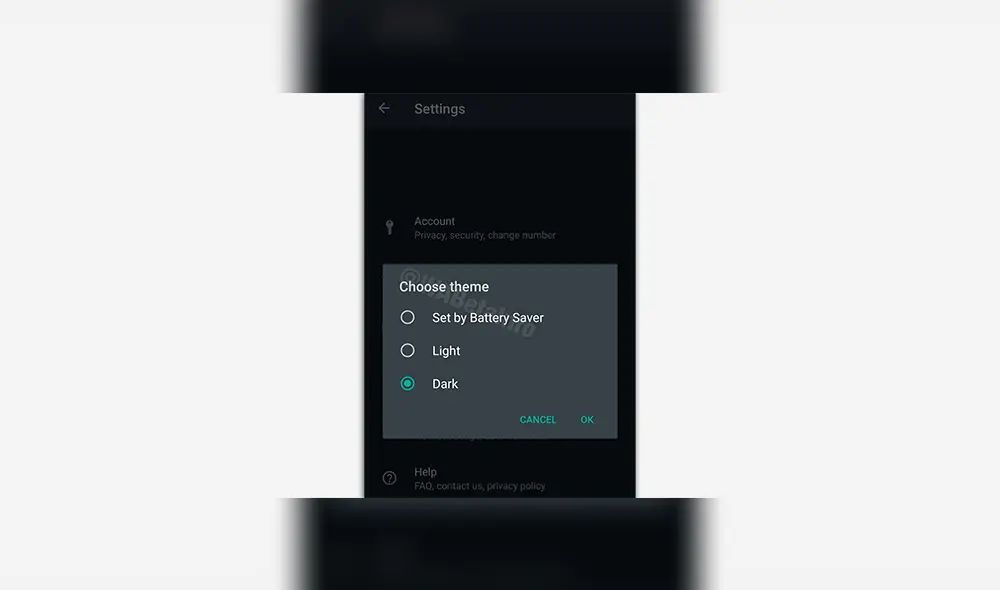 Nueva opción de ahorro de energía en el modo oscuro de WhatsApp.