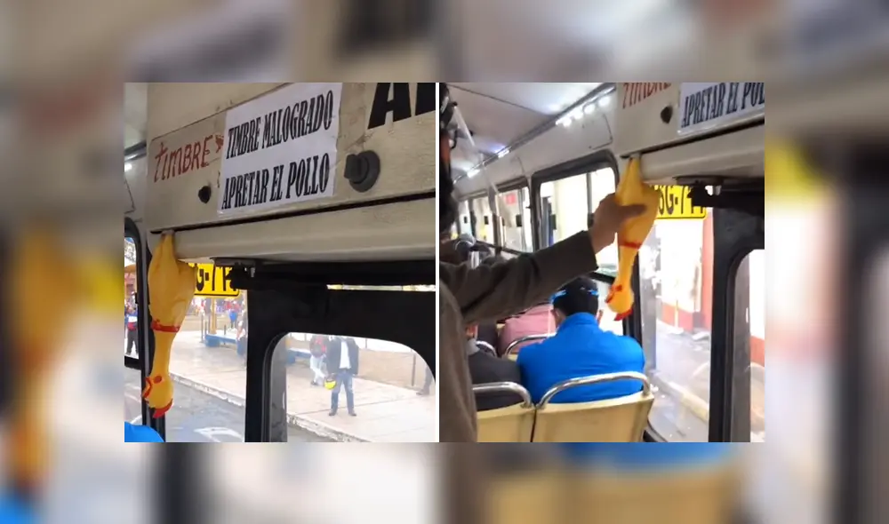 El chofer peruano colocó un pollo de goma después que el timbre del vehículo se averiara. Foto: Tiktok