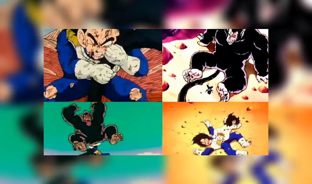 Vegeta sosteniendo la cola de Gohan convertido en Ozaru para rompérsela.
