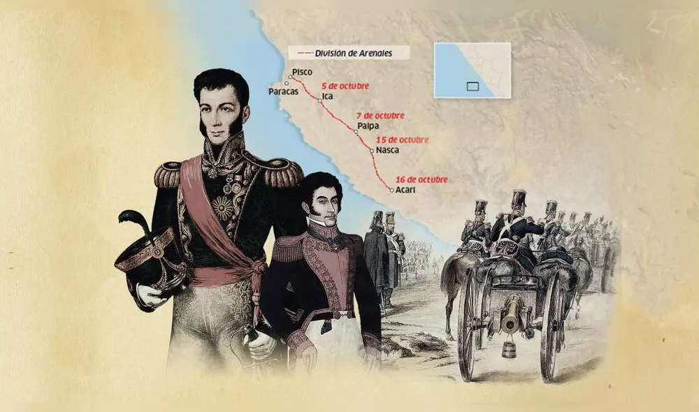 Marcha. El general Juan Antonio Álvarez de Arenales y el coronel Mariano Necochea emprenden
la persecución de los realistas con cerca de 1,100 soldados.