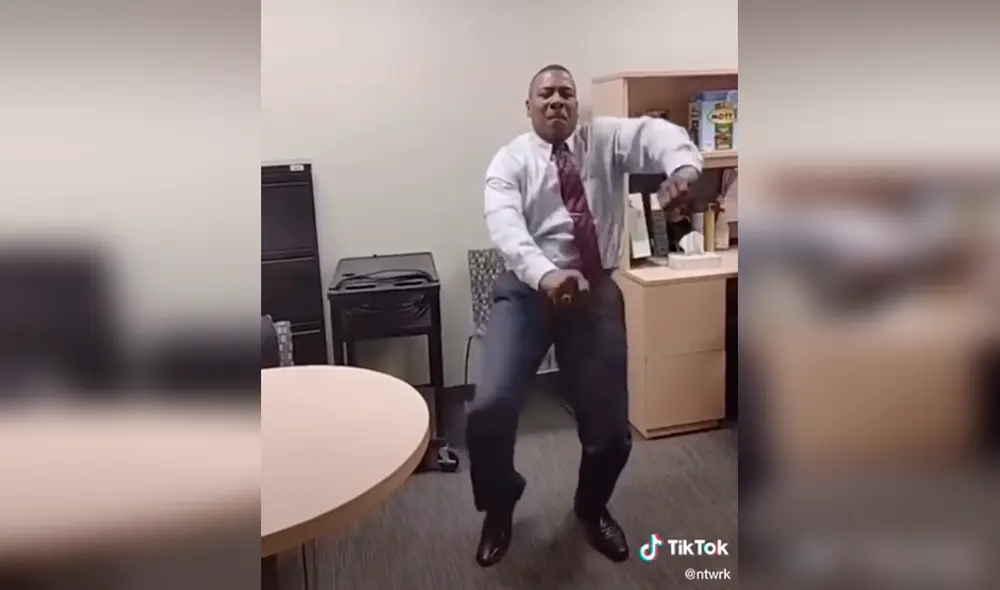 Desliza las imágenes para ver los increíbles pasos de baile que da el trabajador al escuchar un hit de los 90. Foto: TikTok