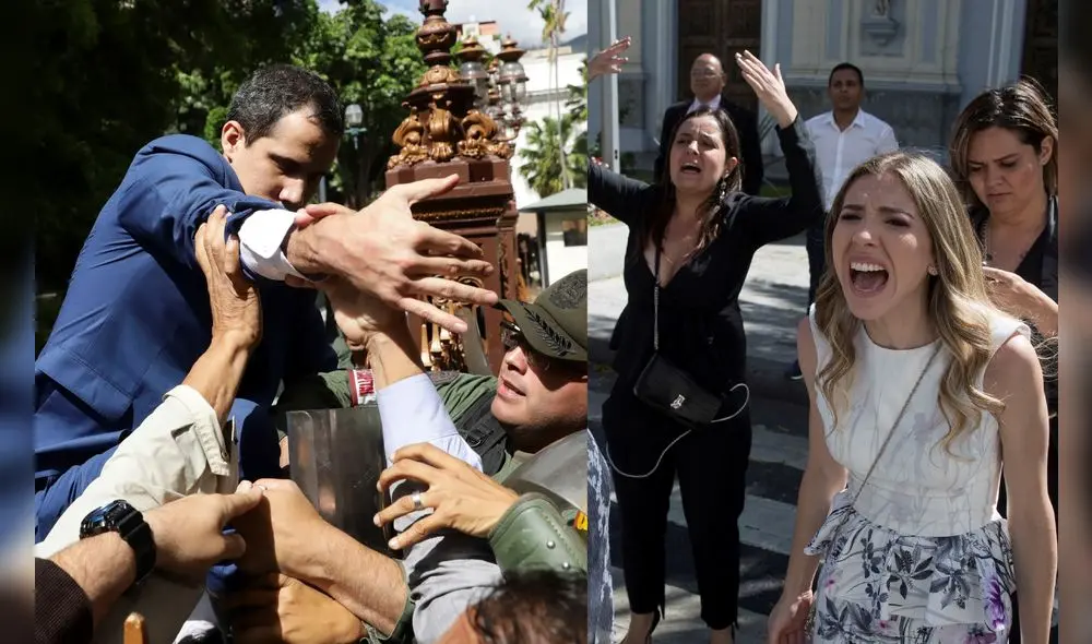 La burla de un simpatizante chavista conta Juan Guaidó y Fabiana Rosales. Foto: AFP.