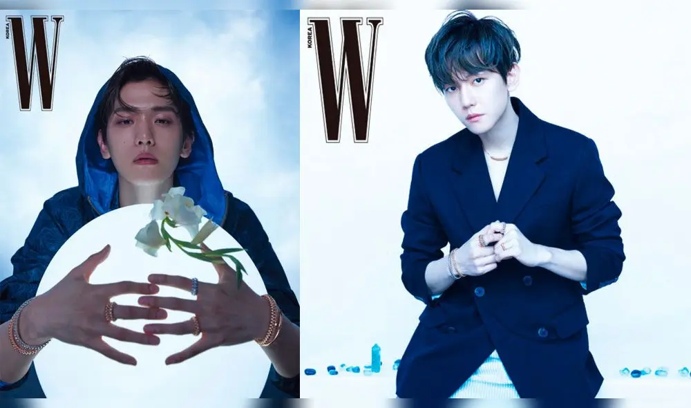 EXO: Baekhyun viste cazadora y camisa azul de Tod's. Derecha: Total look de Prada. Joyería Cartier.  Wkorea. Mayo, 2020.
