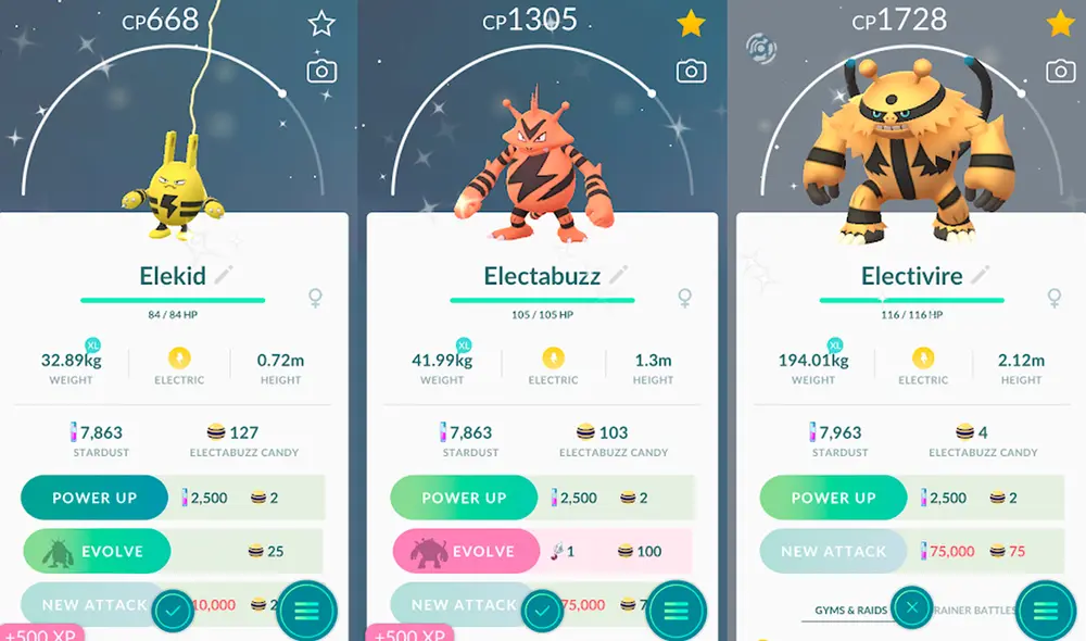 Elekid, Electabuzz y Electivire shiny en Pokémon GO. Foto: Pokémon GO Elekid, Electabuzz y Electivire shiny en Pokémon GO. Foto: Pokémon GO