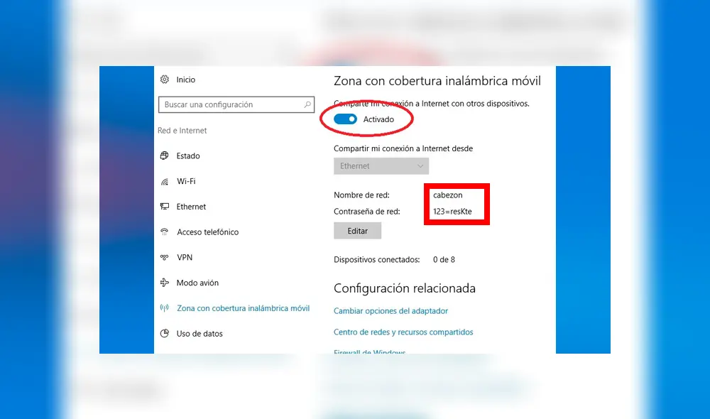 En la parte derecha, activa la opción de “Comparte mi conexión a Internet con otros dispositivos”. Apunta el nombre y contraseña de la nueva red.