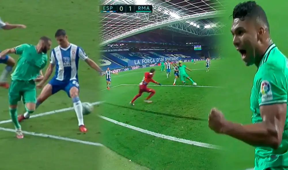 Taco de Benzema y gol de Casemiro para el 1-0 del Real Madrid. (FOTO: Composición/Captura ESPN). Taco de Benzema y gol de Casemiro para el 1-0 del Real Madrid. (FOTO: Composición/Captura ESPN).