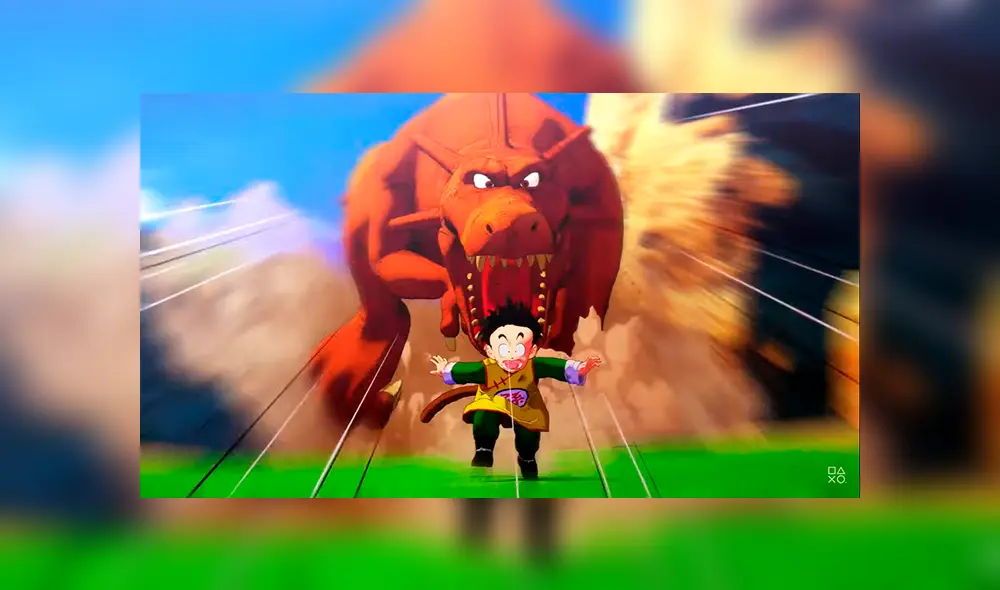 Gohan siendo perseguido por un dinosaurio.