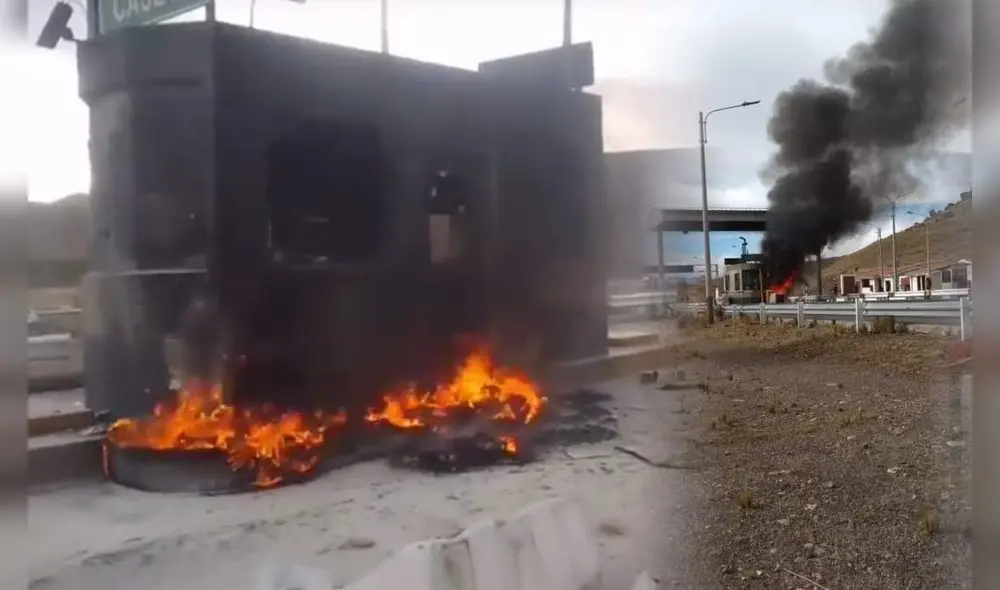 Puno. turba quemó peaje de Macusani durante el paro. Foto composición LR