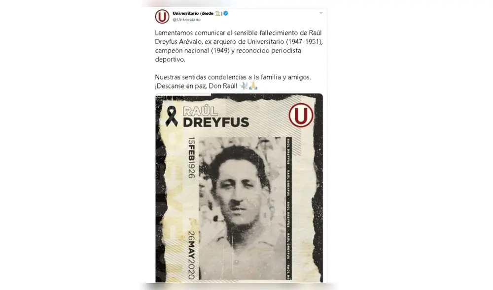 Universitario: falleció Raúl Dreyfus exarquero que campeonó al lado de Lolo Fernández. Universitario: falleció Raúl Dreyfus exarquero que campeonó al lado de Lolo Fernández.
