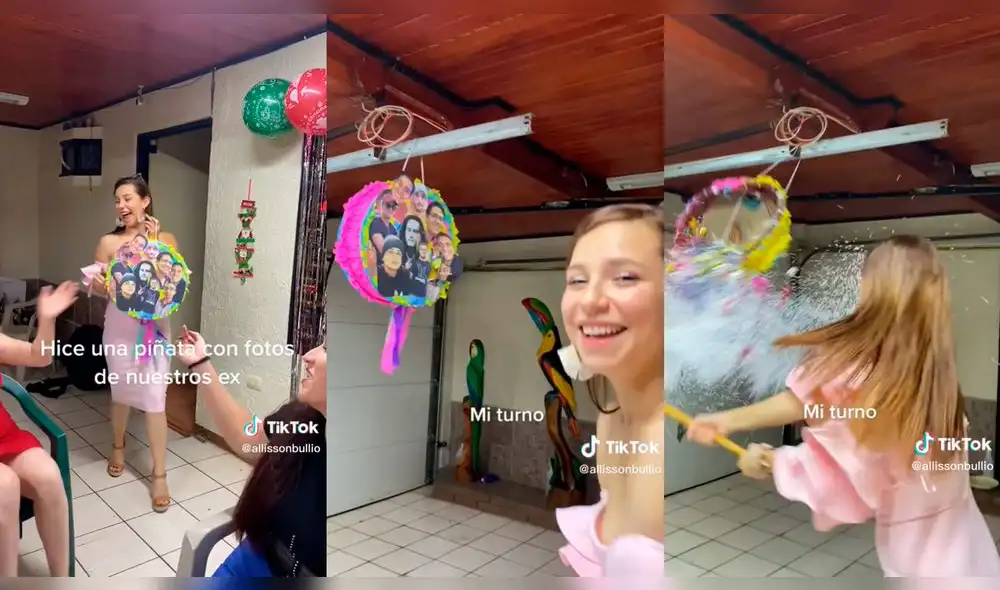 Joven rompe de un solo golpe la piñata con las fotos de sus exparejas. Foto: composición LR/captura de TikTok @alissonbullio