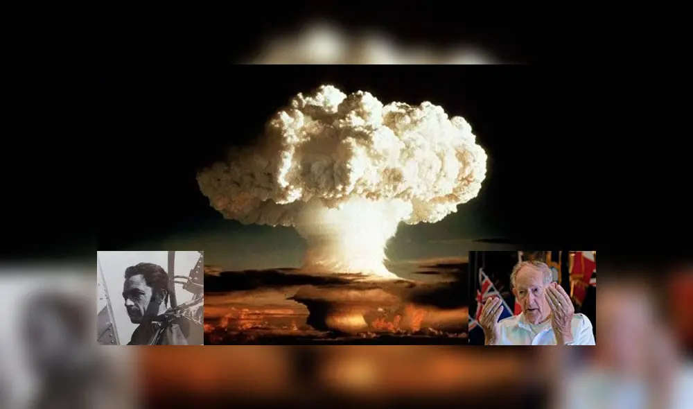 El piloto de la RAF, Eric Denson (izquierda), el marinero David Hemsley (derecha) y la explosión de la primera bomba atómica de Reino Unido, Ivy Mike (centro).