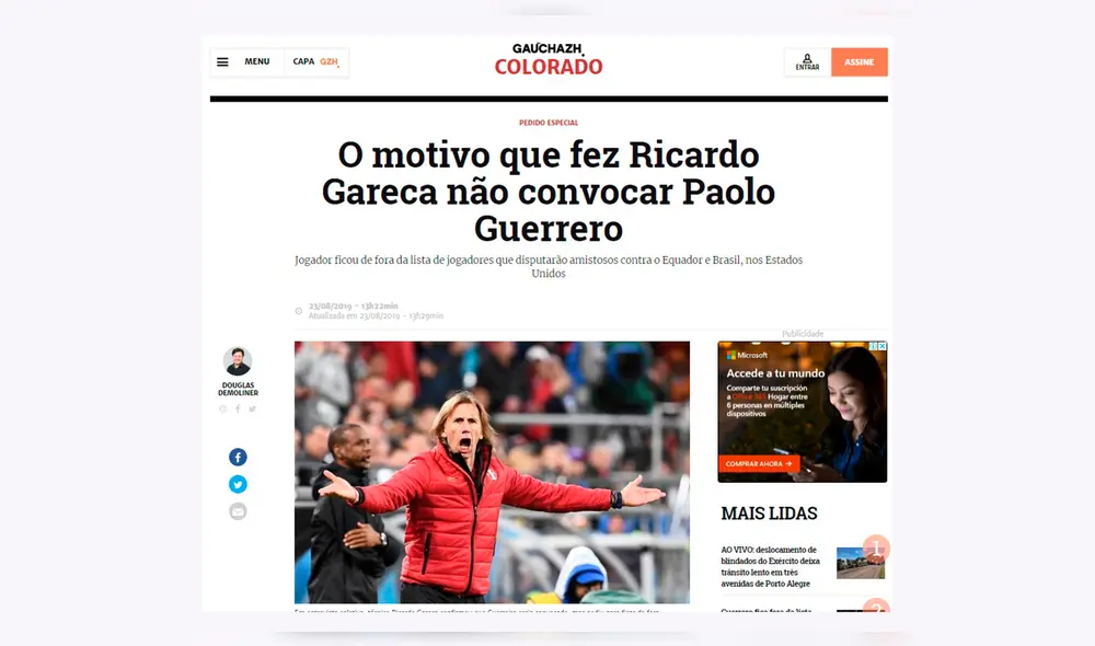 Selección peruana: prensa brasileña se pronuncia sobre la ausencia de Paolo Guerrero para la fecha FIFA de septiembre.