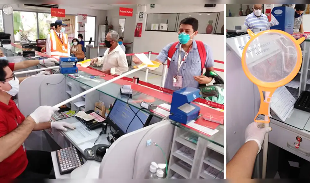 Trabajadores del Banco de la Nación se protegen del virus.