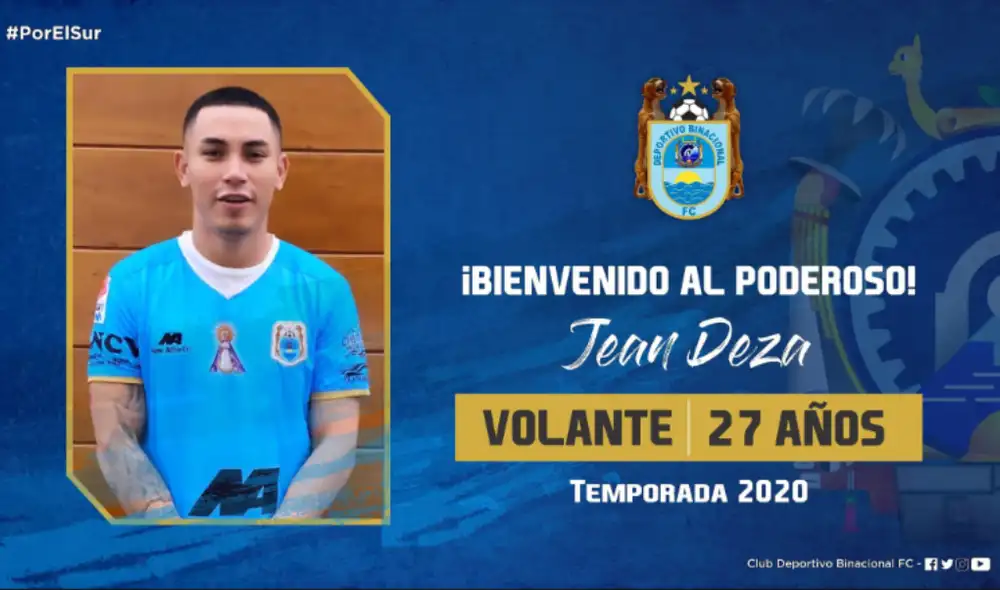 Jean Deza es nuevo jugador de Binacional. (Créditos: Binacional) Jean Deza es nuevo jugador de Binacional. (Créditos: Binacional)