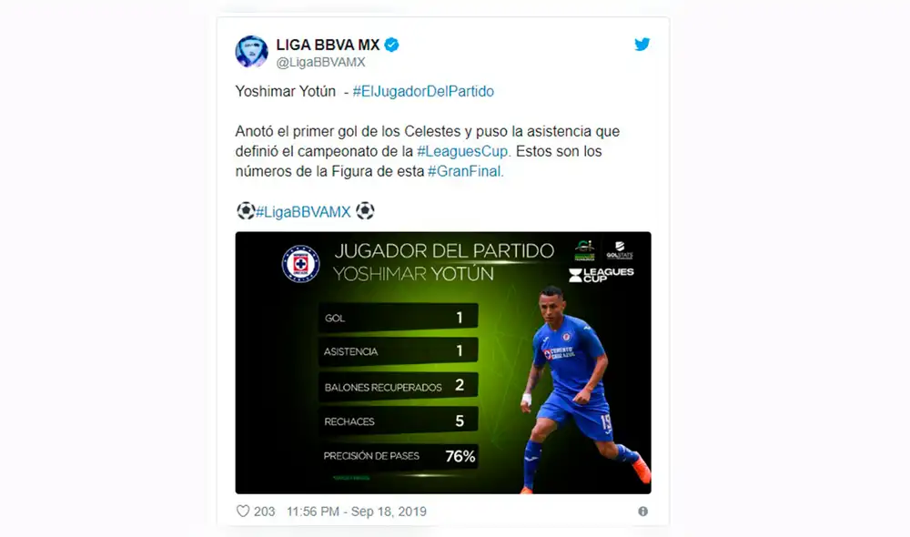 Yoshimar Yotún recibió elogios de prensa mexicana tras campeonar con el Cruz Azul en la Leagues Cup 2019.