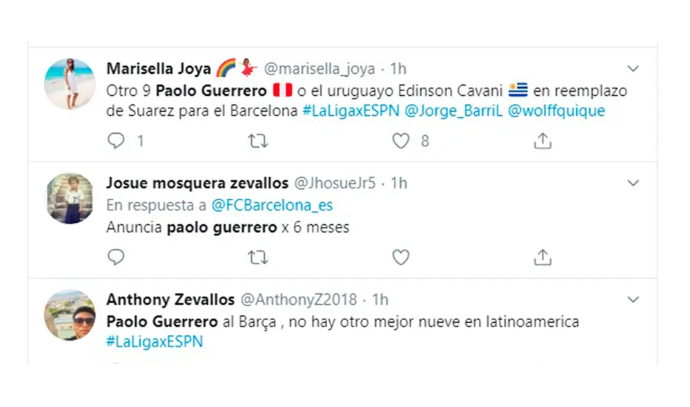 Paolo Guerrero: hinchas del Barcelona eligen al peruano como remplazo de Luis Suárez. Paolo Guerrero: hinchas del Barcelona eligen al peruano como remplazo de Luis Suárez.