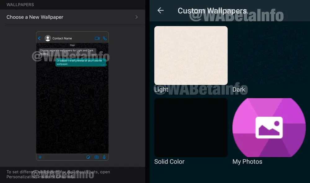 Configuración de fondo de pantalla en iOS y Android. | Foto: WABetaInfo Configuración de fondo de pantalla en iOS y Android. | Foto: WABetaInfo