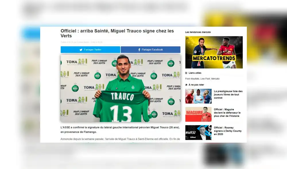 Así informaron los medios franceses sobre la incorporación de Miguel Trauco en el Saint Étienne.