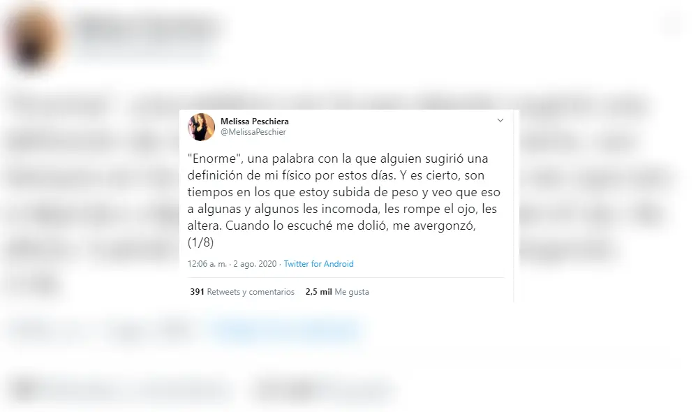 Melissa Peschiera revela que le dolió que la criticaran por subir de peso y le cuesta aceptarse Melissa Peschiera revela que le dolió que la criticaran por subir de peso y le cuesta aceptarse