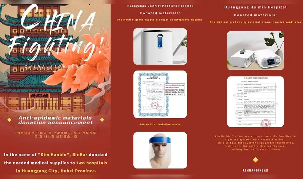 BinBar, un club de fans chino decidió seguir los pasos de B.I y realizó una donación de equipos de salud a dos diferentes hospitales del país. BinBar, un club de fans chino decidió seguir los pasos de B.I y realizó una donación de equipos de salud a dos diferentes hospitales del país.