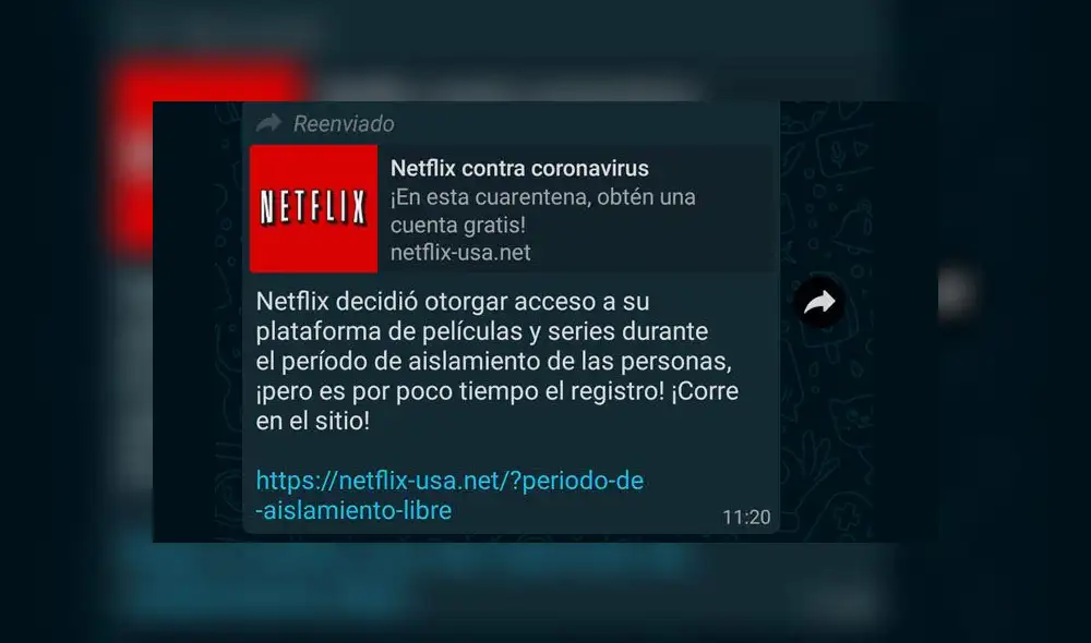 El mensaje de suscripción gratis a Netflix que circula en WhatsApp.