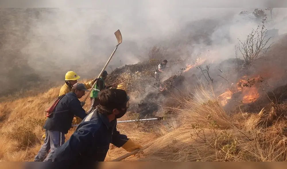 Comuneros capacitados y bomberos continúan con labores para apagar el incendio. Foto: Defensa Civil.