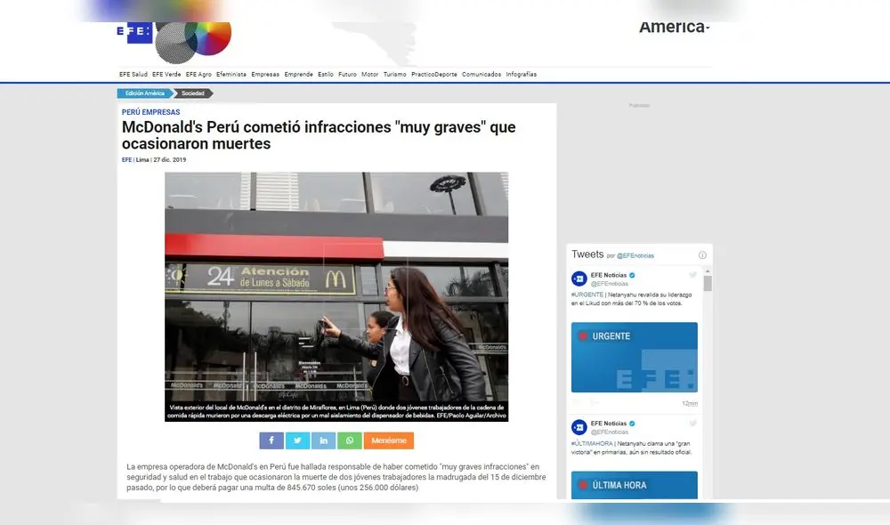 McDonald's Perú cometió infracciones "muy graves" que ocasionaron muertes, según Sunafil. Foto: Captura. McDonald's Perú cometió infracciones "muy graves" que ocasionaron muertes, según Sunafil. Foto: Captura.