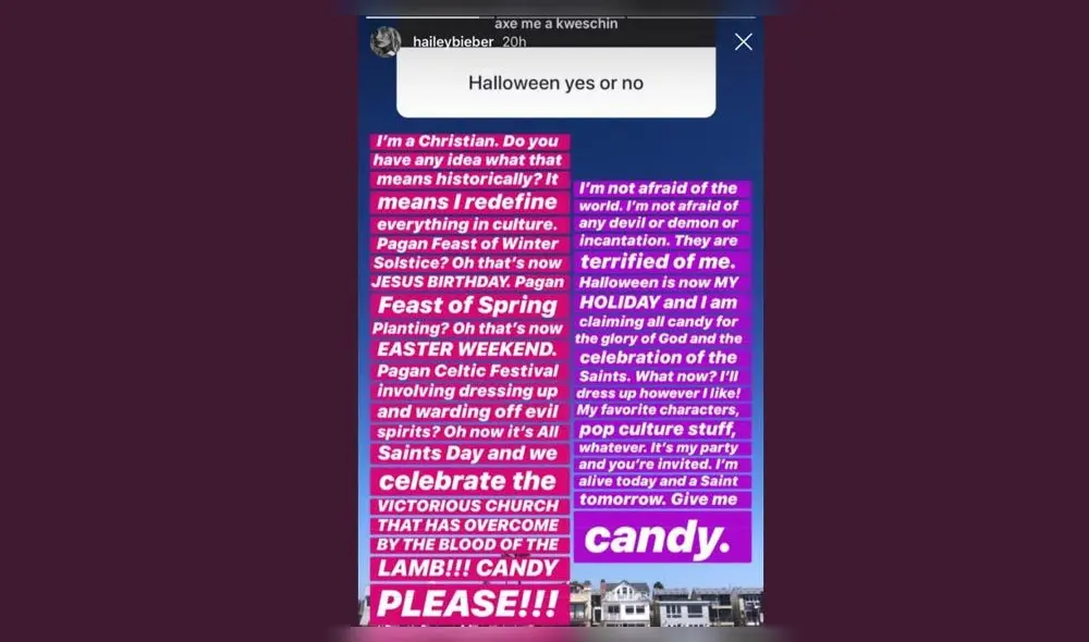 Critican a Hailey Baldwin de ser una “falsa cristiana” por celebrar Halloween Critican a Hailey Baldwin de ser una “falsa cristiana” por celebrar Halloween