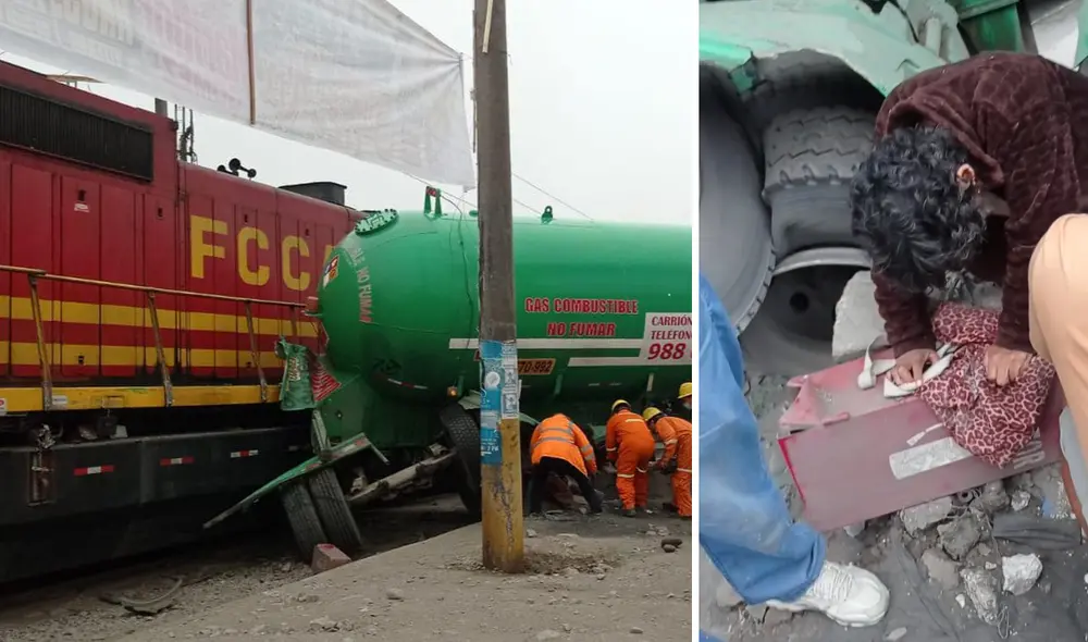 Huachipa: persona queda atrapada debajo de camión cisterna de gas que colisionó con tren | Carretera Central | Ate. Foto: composición LR/capturas de Facebook/Ruben Marchand