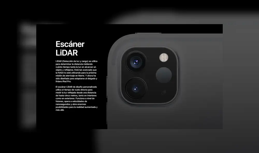 El nuevo sistema de escaneo 3D LIDAR que debutó con el nuevo iPad Pro. El nuevo sistema de escaneo 3D LIDAR que debutó con el nuevo iPad Pro.