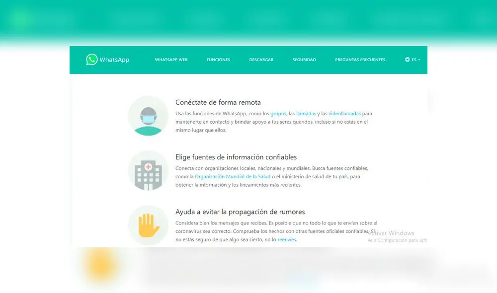 Página de información sobre el coronavirus.
