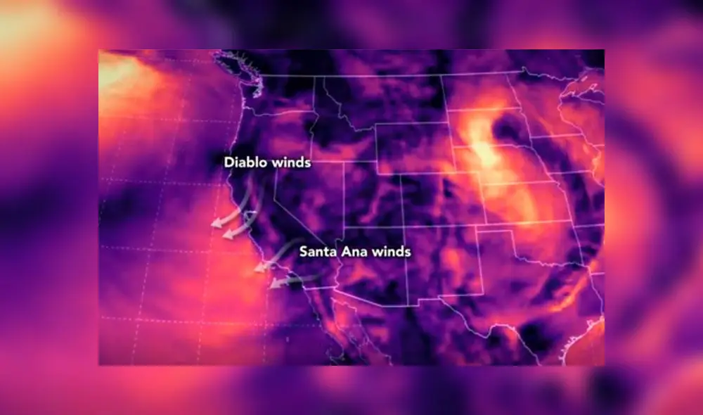 Los 'vientos del Diablo' entran en contacto con el fuego y hacen más devastador el incendio. Captura de video / NASA. Los 'vientos del Diablo' entran en contacto con el fuego y hacen más devastador el incendio. Captura de video / NASA.