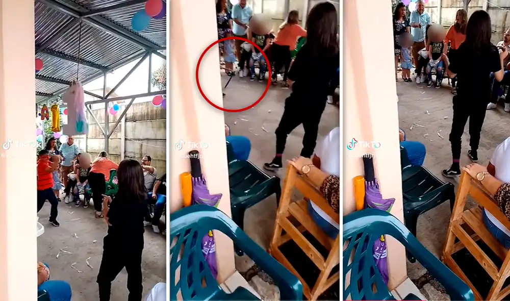 Niño falla al apuntarle a la piñata y golpea a una invitada en fiesta infantil