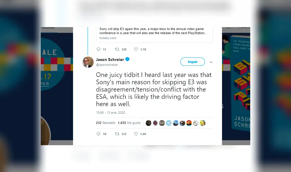 “Un pequeño datito que escuché el año pasado fue que la razón principal para Sony de saltarse el E3 eran desacuerdos, tensiones y conflictos con la ESA, el cual podría ser todavía el factor ahora (2020).”