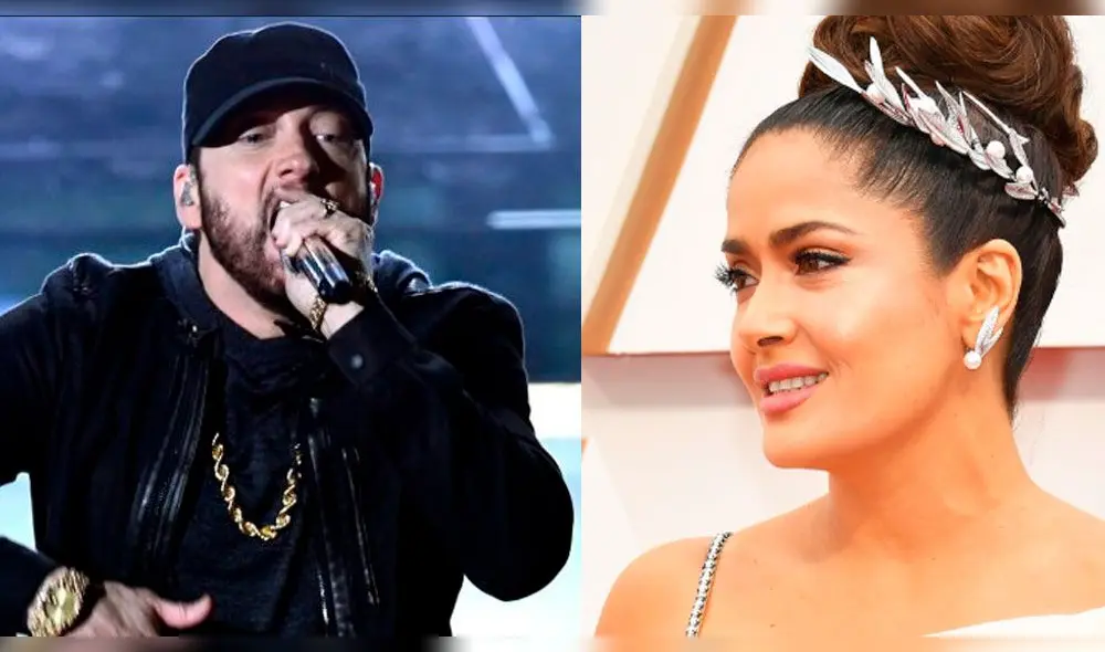 Salma Hayek y Eminem fueron captados al encontrarse detrás del escenario en la gala de los Oscar.