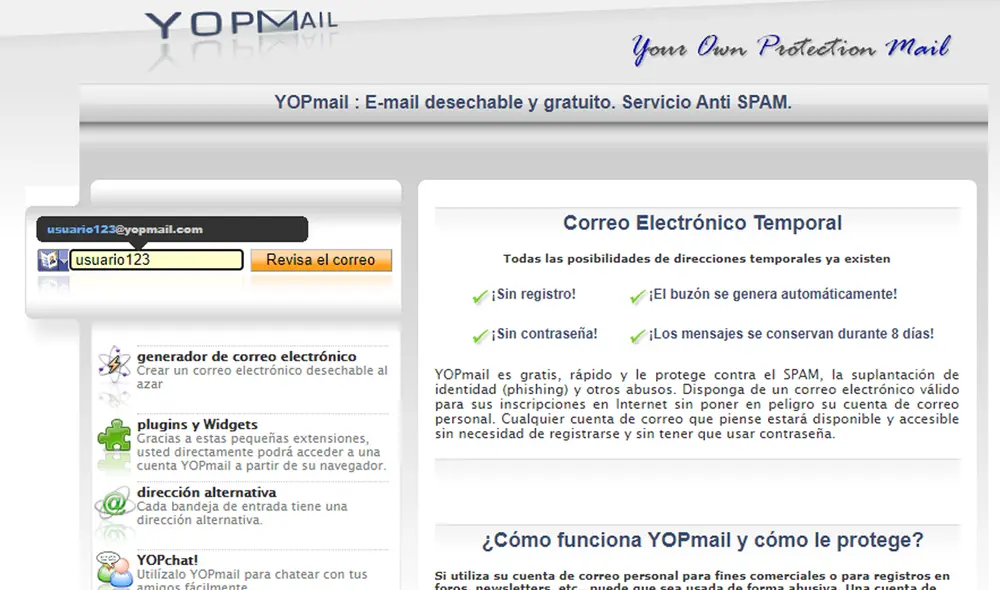 Yopmail, el sistema de mensajería intantánea que supera a Gmail. Foto: captura Yopmail