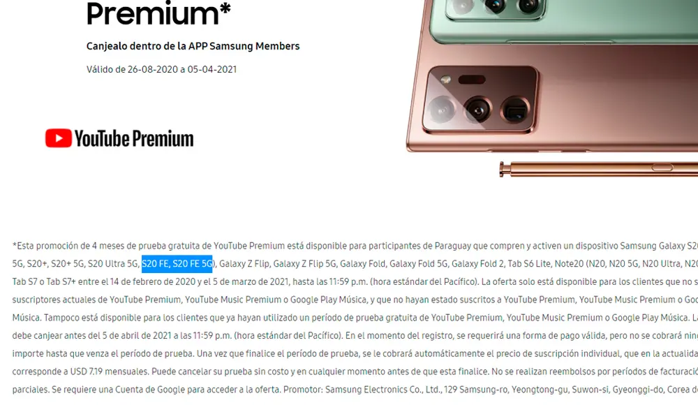 Sitio web oficial de Samsung Paraguay donde se hace mención del futuro S20 FE. | Foto: La República