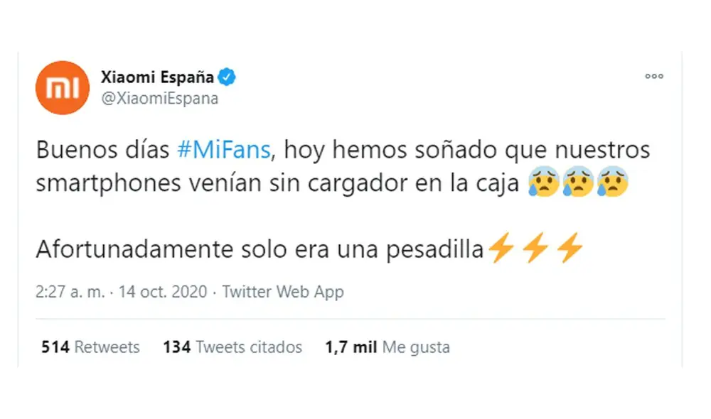 Primer mensaje de Xiaomi. Foto: Captura de Twitter