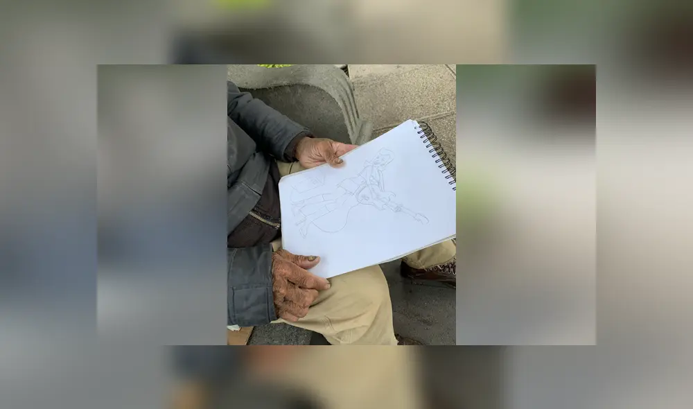 Un anciano sin hogar vende dibujos en la calle para sobrevivir. Foto: Twitter