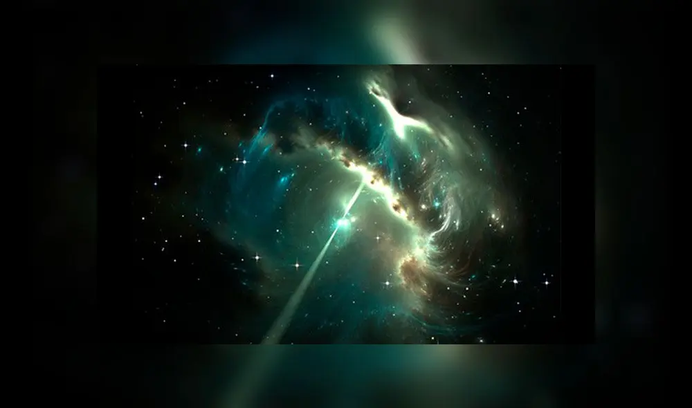 Representación de un púlsar, una estrella que gira velozmente creado chorros de energía. Foto: Difusión.