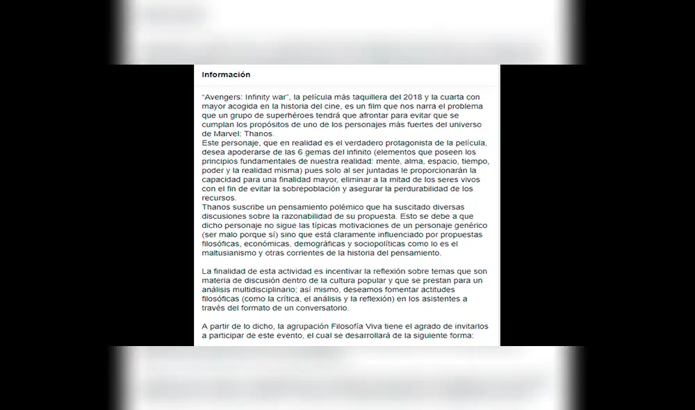 Facebook: UNMSM anuncia conversatorio extraordinario sobre "el pensamiento de Thanos" [FOTOS]