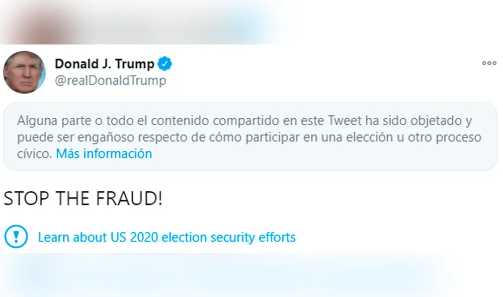 Donald Trump incumple con las reglas y políticas de Twitter, por lo que cada vez el mandatario comparte información que la empresa considera engañosa, esta oculta sus tuits con un mensaje de alerta. Foto: Twitter Donald Trump incumple con las reglas y políticas de Twitter, por lo que cada vez el mandatario comparte información que la empresa considera engañosa, esta oculta sus tuits con un mensaje de alerta. Foto: Twitter