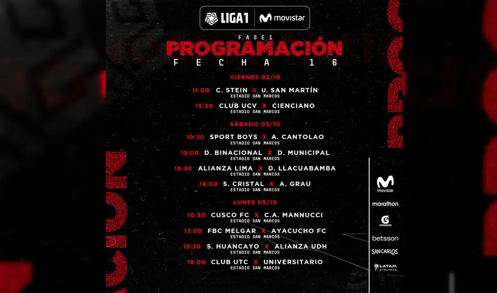 Fecha 16 del Torneo Apertura. Foto: Liga 1 Fecha 16 del Torneo Apertura. Foto: Liga 1