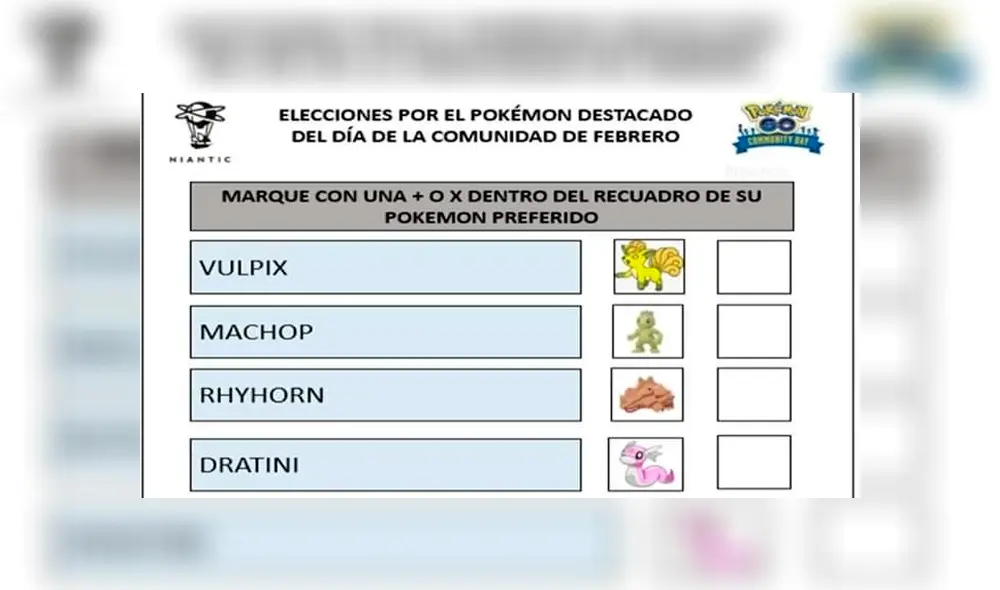 Usuario creó cédula de votación para elegir al protagonista del Community Day de Pokémon GO.