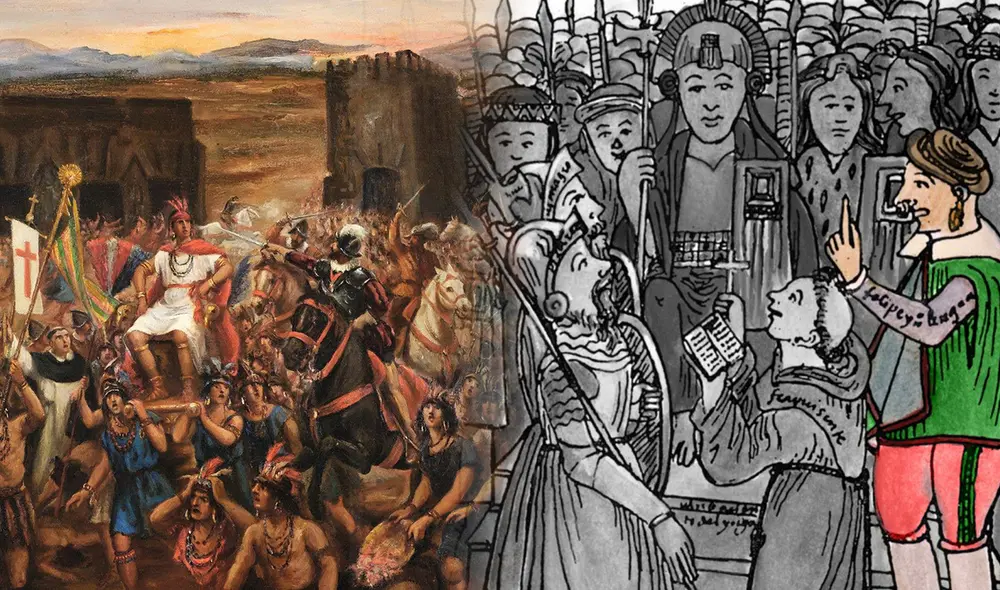 Felipillo permaneció al lado de los españoles durante la ejecución de Atahualpa tras la invasión al Imperio Inca. Foto: composición La República/Ilustración de Juan Lepiani/Guaman Poma de Ayala