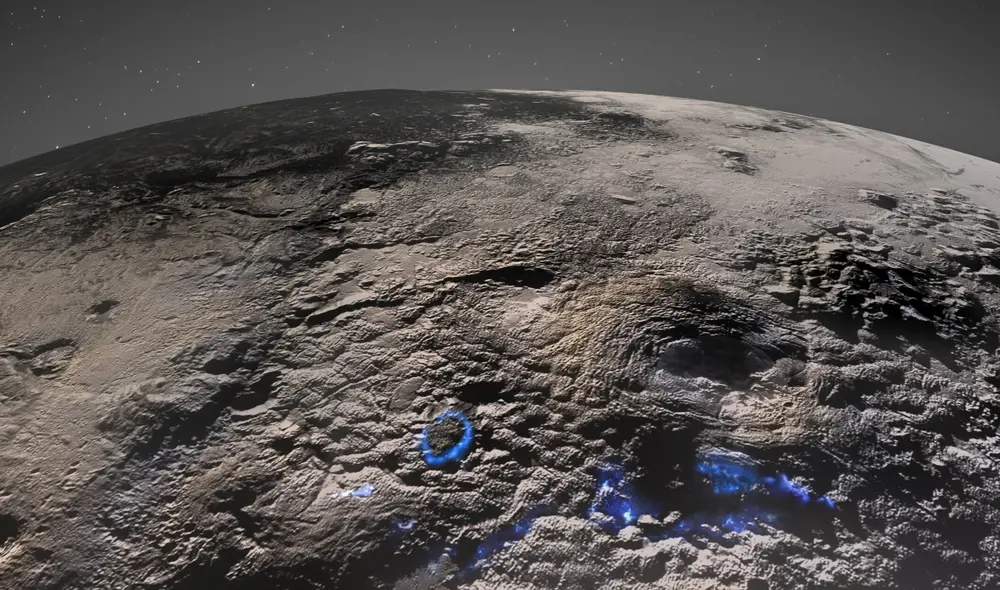 Los criovolcanes se distinguen de los volcanes comunes ya que, en lugar de erupcionar roca fundida y lava, expulsan columnas de hielo, agua y otras moléculas congeladas. Foto: NASA / Johns Hopkins University Applied Physics Laboratory / Southwest Research Institute / Isaac Herrera / Kelsi Singer