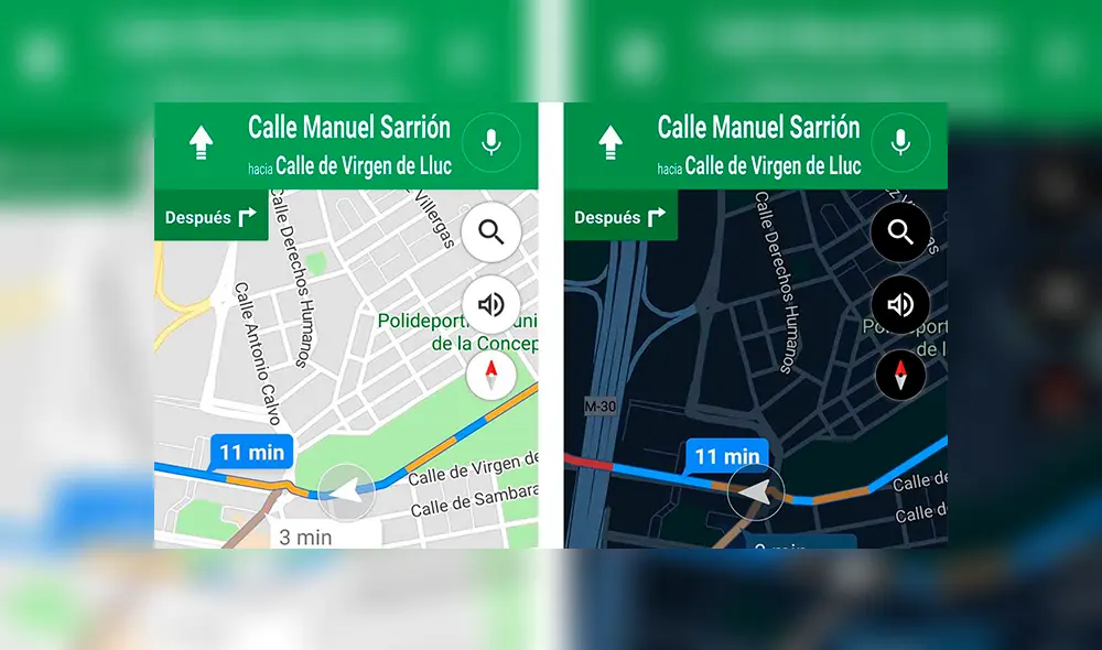 Diferencias entre la interfaz clara y la del modo noche.