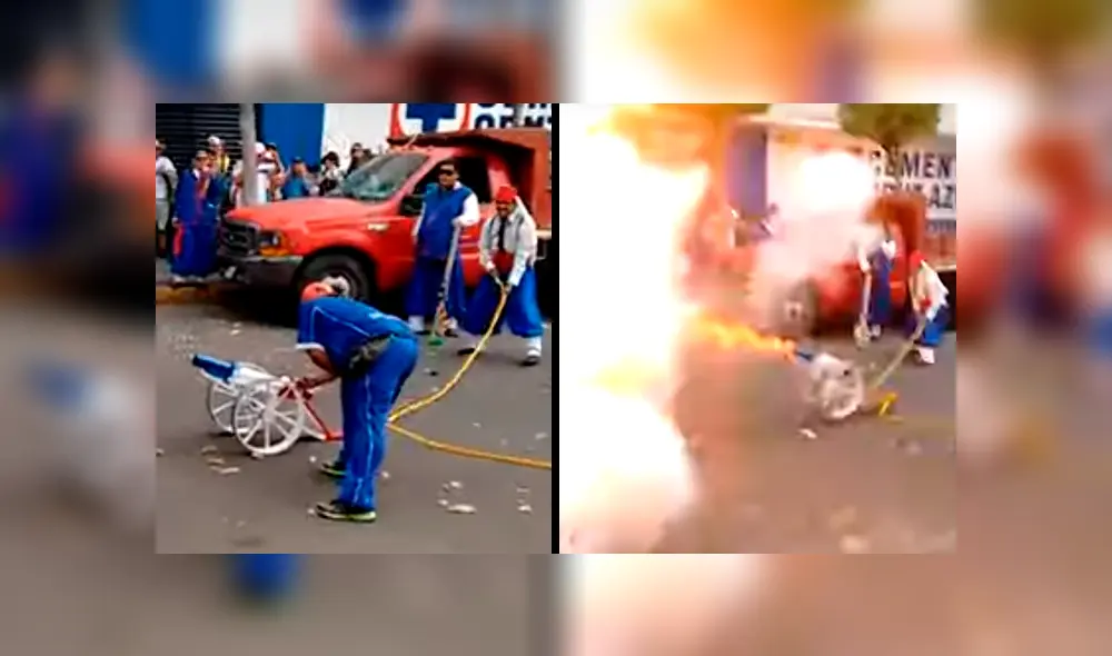 Uno de los fanáticos sufrió las consecuencias de haber prendido el poderoso cañón. Foto: captura