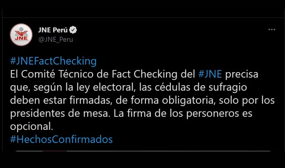 El pronunciamiento fue emitido por el Comité Técnico de Fact Checking del JNE. Foto: Captura de Twitter / JNE