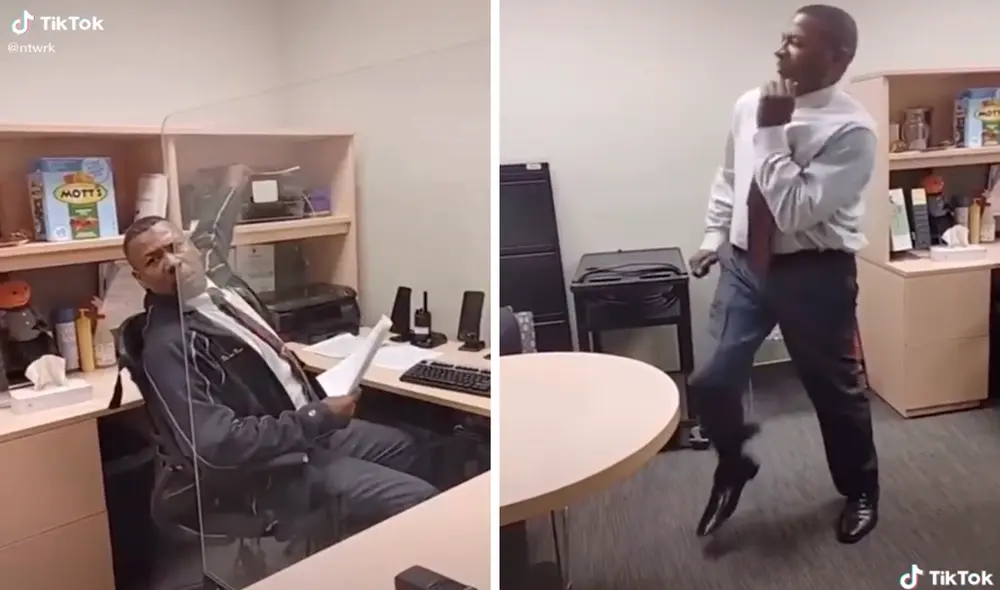 Desliza las imágenes para ver los increíbles pasos de baile que da el trabajador al escuchar un hit de los 90. Foto: TikTok